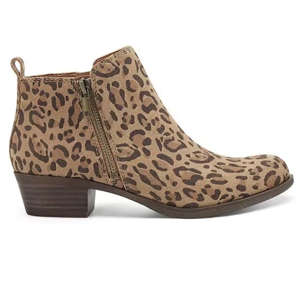 Lucky Brand Basel Leopard Printed Leather Side Zip Block Heel Ankle Booties Sz 7